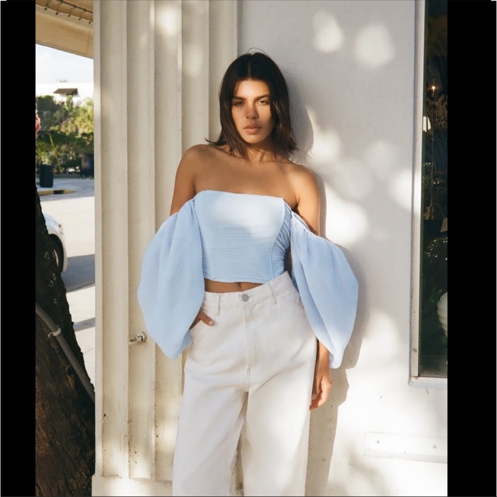 Zara organza corset top with balloon sleeves, beautiful cornflower blue